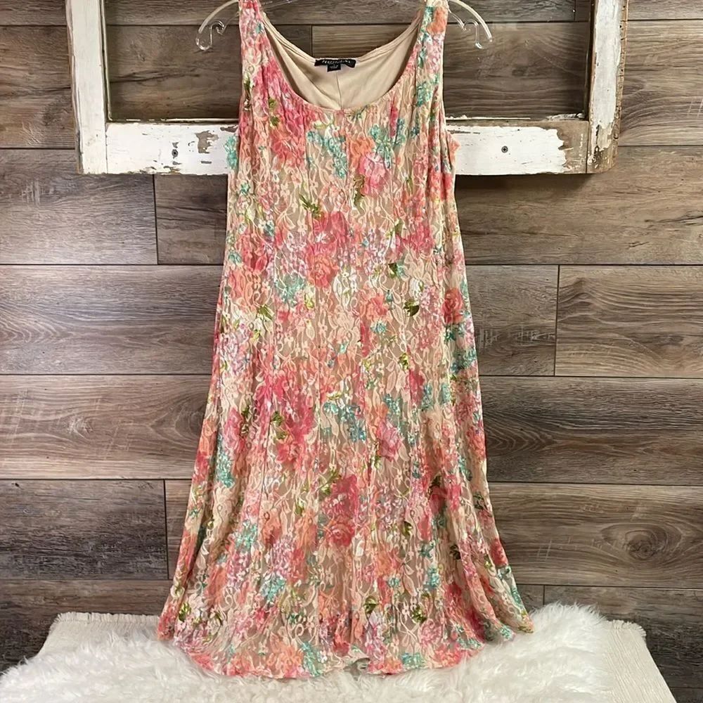 PERCEPTIONS Ladies Pink Floral Pastel Lace Sleeveless Swing Dress Size Small